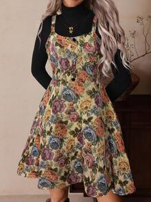 LanaWest Đầm/Áo kiểu dáng chữ A rộng rãi thoải mái, chất liệu vải jacquard cổ điển màu đen, không tay, xếp ly/cổ tròn, cài nút đơn, lưng có thể điều chỉnh, cạp chun, thoải mái, đa năng, thời trang phương Tây - Màu Khaki - Xem 1