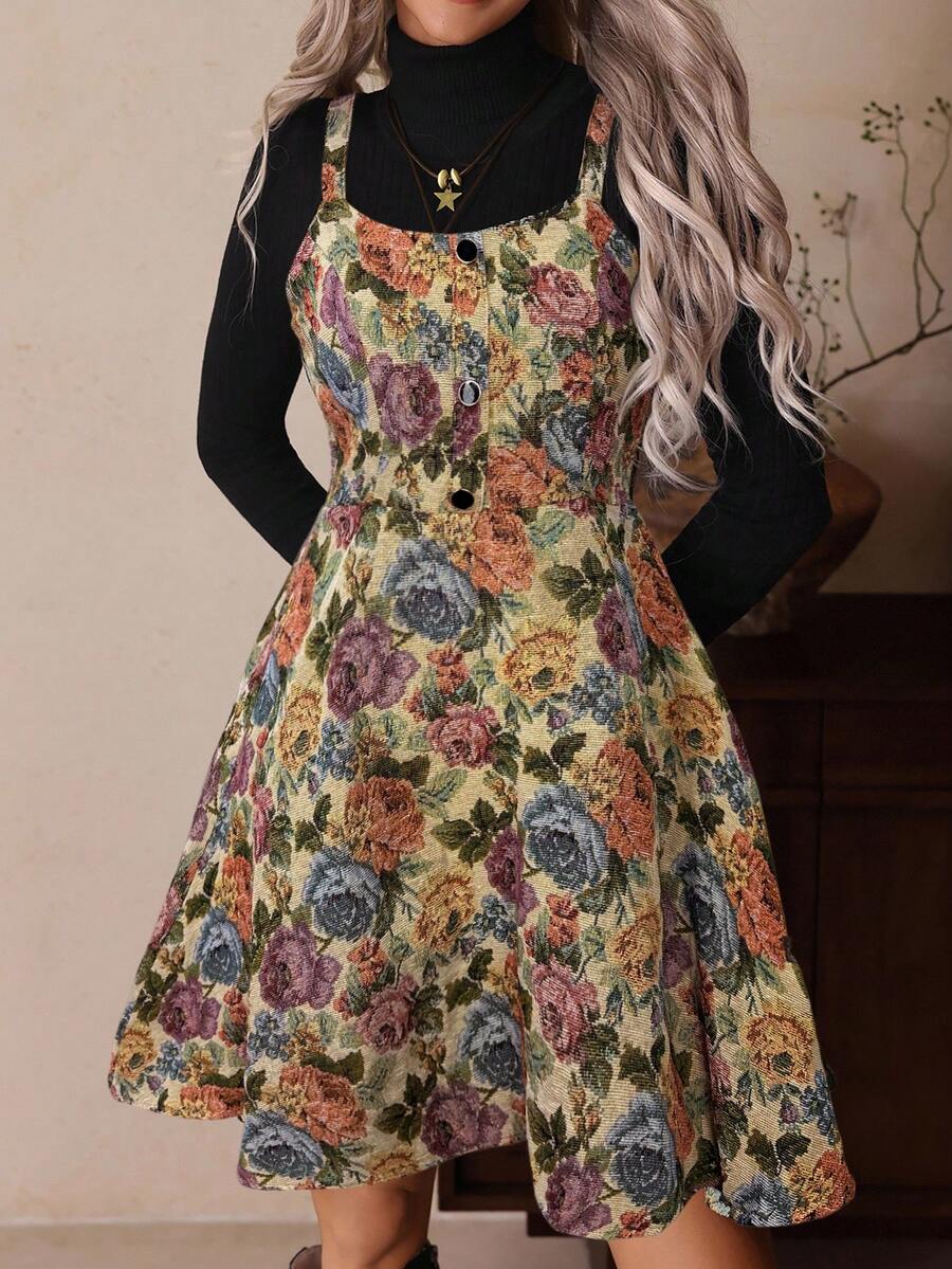 LanaWest Đầm/Áo kiểu dáng chữ A rộng rãi thoải mái, chất liệu vải jacquard cổ điển màu đen, không tay, xếp ly/cổ tròn, cài nút đơn, lưng có thể điều chỉnh, cạp chun, thoải mái, đa năng, thời trang phương Tây - Màu Khaki - Xem 1