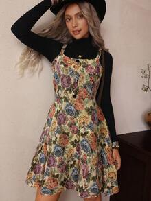 LanaWest Đầm/Áo kiểu dáng chữ A rộng rãi thoải mái, chất liệu vải jacquard cổ điển màu đen, không tay, xếp ly/cổ tròn, cài nút đơn, lưng có thể điều chỉnh, cạp chun, thoải mái, đa năng, thời trang phương Tây - Màu Khaki - Xem 5