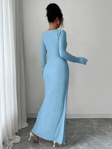 Elenzga Women's Solid Color Fashion Solid Color Twisted Long Dress ,Irregular-Neck Knitted Texture Tight Bodycon, Twisted And Slit Design Dress,Classy Outfits For Women,Fall Women Clothes,Winter Modest Clothes For Women - Blue - View 2