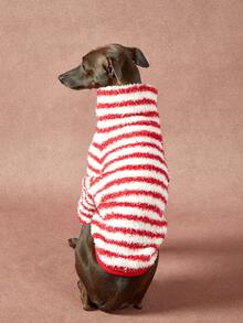1件宠物秋冬双面毛绒弹力舒适保暖面料高领时尚复古红白条纹狗狗连帽衫 - 彩色 - 查看 6