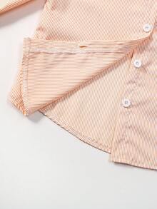SHEIN Genkimix Kids 1 件女童翻领长袖纽扣条纹衬衫，正面绣有图案，秋季休闲上衣 - 黃色 - 查看 8