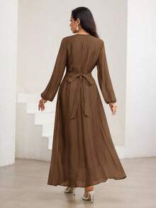 Veilorie Váy midi cổ cao thanh lịch, eo nhún, tay áo 3/4, đa năng - màu nâu - Xem 7