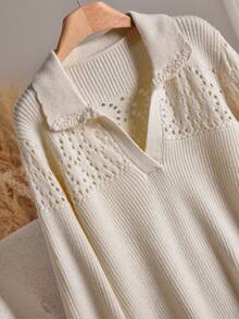 CosyJoli Plus Size Solid Color Hollow Perforated Floral Pattern Casual Versatile Long Sleeve Pullover Sweater/Winter Fall/Winter - Apricot - View 3