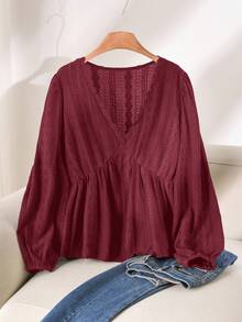 CosyJoli 女士加大码V领长袖收腰纹理红色长袖T恤，休闲百搭，适合日常穿着 - 紅色 - 查看 3