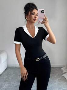 Elenzga Maglietta casual vintage a maniche corte da donna con colletto a contrasto bianco e nero, 2 in 1 - Bianco e nero - Visualizzare 6