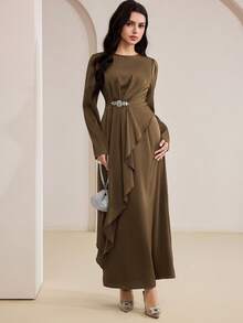 Veilorie New Design Ruffled Asymmetric Hem Elegant Party Dress - Brown - View 3