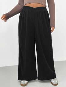 Shapeblank Quần ống rộng màu đen thời trang mùa thu/đông rộng rãi thoải mái hàng ngày bằng vải nhung kẻ cạp chun co giãn cỡ lớn dành cho nữ, quần mùa đông, quần nữ, trang phục mùa đông - màu đen - Xem 5