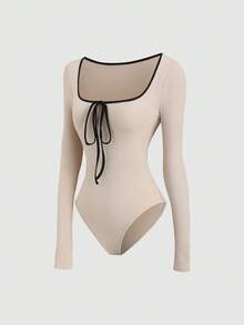 SHEIN PETITE 时尚蝴蝶结领修身长袖连体衣，休闲百搭，春秋季