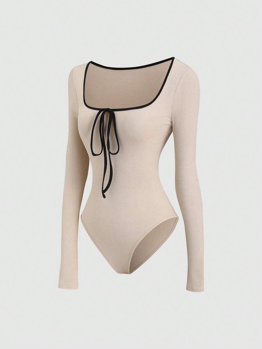 SHEIN PETITE 时尚蝴蝶结领修身长袖连体衣，休闲百搭，春秋季