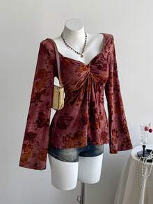 Lyxana Vintage Burgundy Flocked Twist Front A-Line Long Sleeve Party Top For Women - Burgundy - View 1