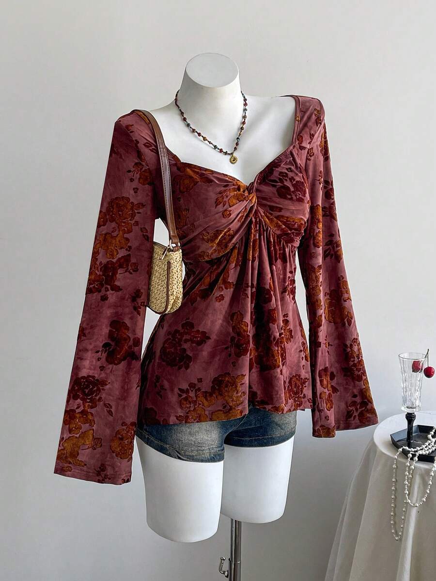 Lyxana Vintage Burgundy Flocked Twist Front A-Line Long Sleeve Party Top For Women - Burgundy - View 1