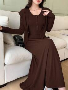 Feyla Váy quấn eo đơn giản, thanh lịch, cổ điển, tay dài, thoải mái - Cà phê nâu - Xem 4