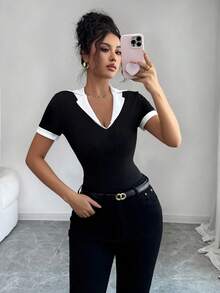 Elenzga Maglietta casual vintage a maniche corte da donna con colletto a contrasto bianco e nero, 2 in 1 - Bianco e nero - Visualizzare 4