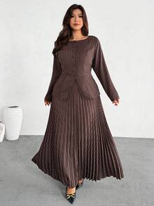 Firerie 大码女式通勤新款仿口袋装饰船领卡其色情人节办公室时尚通勤优雅高街长袖春秋季西装外套和百褶裙两件套 - 咖啡棕 - 查看 1