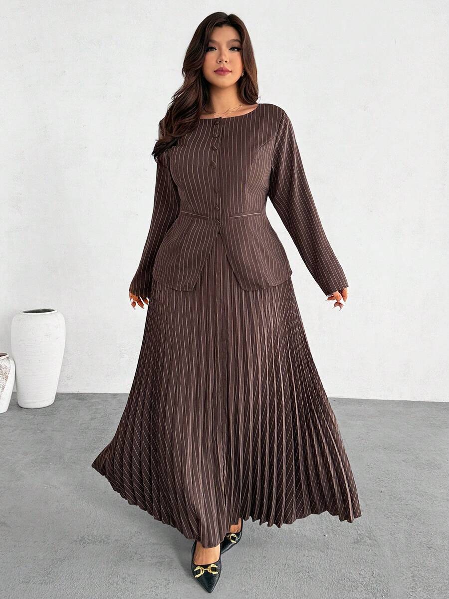 Firerie 大码女式通勤新款仿口袋装饰船领卡其色情人节办公室时尚通勤优雅高街长袖春秋季西装外套和百褶裙两件套 - 咖啡棕 - 查看 1