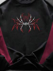 ROMWE MEN Áo nỉ dáng rộng in họa tiết nhện và sọc tương phản chắp vá cho nam - màu đen - Xem 5