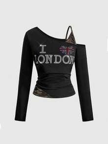 ROMWE Grunge Punk Y2K Sexy Babe Letter Rhinestone Splice Camouflage Women Kpop T-Shirt Top - Black - View 1
