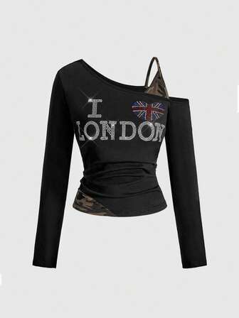 Grunge Punk Maglietta da donna stile Y2K sexy con lettere, strass e stampa mimetica