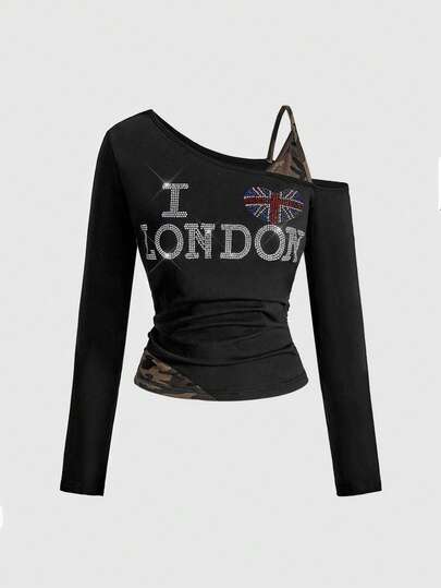 Grunge Punk Camiseta de mujer con estampado de camuflaje, letras de "Babe" y aplicaciones de cristales, estilo Y2K sexy