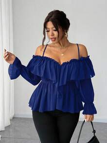 Elenzga Blusa sexy de hombros descubiertos y espalda descubierta de talla grande - azul real - Ver 3