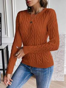 SHEIN LUNE Solid Color Crew Neck Twist Knit Casual Pullover Sweater - Orange - View 4