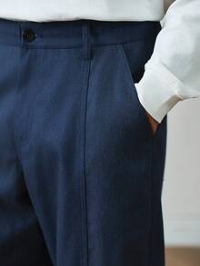 HUEFORM Classic Men's Navy Blue Woven Fabric Long Pants Straight Leg Modern Casual Style With Zipper Detail - Navy Blue - View 3