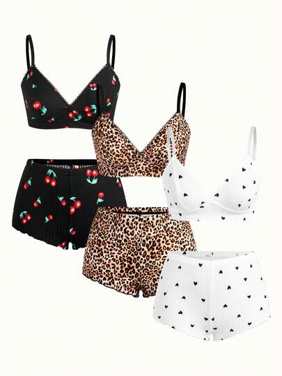 Bonmuse 3pcs Women Heart, Cherry, Leopard Print Ruffled Lace Trim Lingerie Bra Set, Kawaii