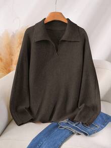CosyJoli Plus Size Women's Solid Color Turndown Collar Long Sleeve Loose Casual Pullover Sweater, Lightweight Knit Ribbed Sweater, Fall/Winter Brown Sweater - Coffee Brown - View 3