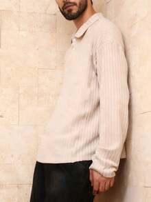 Manfinity Dauomo Men's Casual Solid Color Ribbed Polo Shirt, Versatile For Autumn - Apricot - View 5