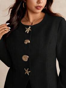 Elaquor Plus Size Casual Metal Shell Button Round Neck Jacket, Autumn - Black - View 4