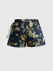 ROMWE Fairycore Summer Outfits Plus Size Women Vintage Boho Floral Print Washed Asymmetric Hem Denim Skirt With Shorts Vacation Navy Blue - Blue - View 5