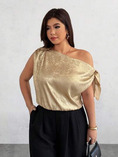 Firerie Women's Asymmetric Off-Shoulder Loose Gold Coated Sleeveless Blouse, Side Tie Shirt, Elegant & Romantic, Suitable For Dates, Parties, And Daily Commute