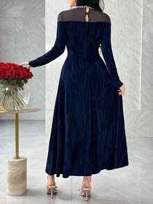 Modelyn Elegant Bara Axlar Med Strassutsmyckad Långärmad Vinröd Festklänning - Marinblå - Visa 6