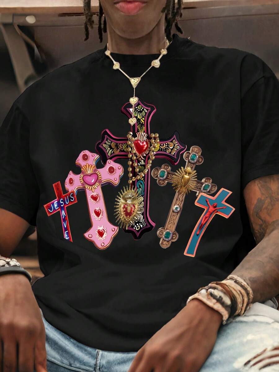 Rovax 舒适男士白色圆领T恤，十字架耶稣印花T恤，圆领，短袖，演唱会服装T恤，复古T恤，图案T恤，趣味T恤，朋友礼物 - 黑色 - 查看 1