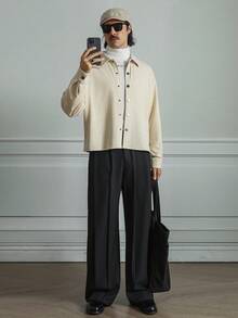 HUEFORM Men's Old Money Snap Design Casual Everyday Versatile Long Sleeve Shirt,Textured Fabric, Stiff Fabric Suitable For Commuting Occasions - Beige - View 4