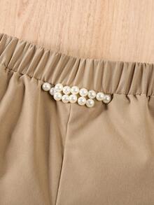 SHEIN Elladie kids 3件套少女粉色西装外套、吊带背心和珍珠短裤套装，休闲优雅夏季装扮 - 卡其色 - 查看 5