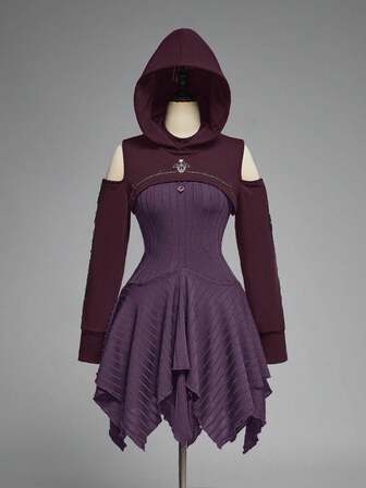 Goth طقم زي ساحرة داكنة جوتية - قبعة ساحرة سوداء، وبلوزة كابوشون، وفستان كتف مكشوف