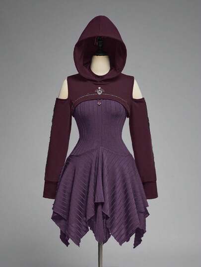 Gothic Dark Witch Costume Set - Black Witch Hat, Hooded Sweatshirt, And Off-Shoulder Dress