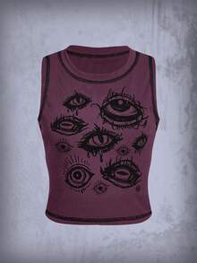 ROMWE Goth Women's Round Neck Eye Pattern Casual Versatile Daily Wear Top - Purple - View 2