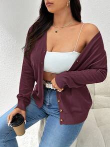 CosyJoli Cárdigan de manga larga con botones y unicolor, informal y holgado, para mujer de talla grande en otoño/invierno - Rojo violeta - Ver 6