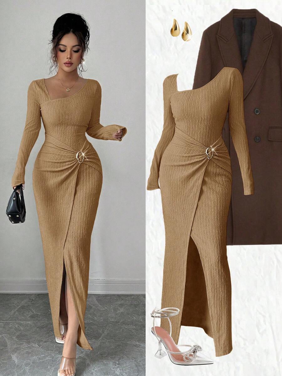 Elenzga 女士纯色时尚扭结长裙，不规则领口针织纹理紧身包臀设计，扭结开衩款式，优雅女士装扮，秋季女装，冬季女士端庄服饰 - 卡其色 - 查看 1
