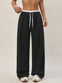 Dewbera Pantalones deportivos casuales de unicolor para mujer - Negro - Ver 2