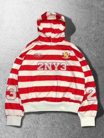 Street Life Felpa con cappuccio oversize da uomo con motivo a righe e ricamo