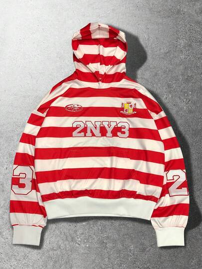 Street Life Sudadera con capucha de corte holgado con patrón bordado y rayas para hombre