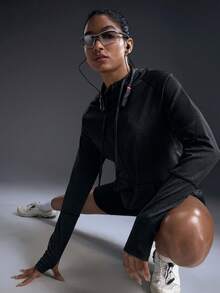 Powerista 女士休闲日常通勤简约纯色拉链抽绳连帽运动夹克，春秋季 - 黑色 - 查看 6