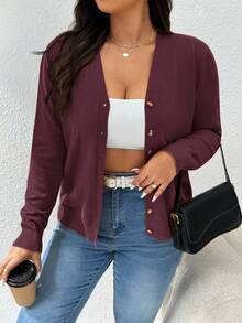 CosyJoli Cárdigan de manga larga con botones y unicolor, informal y holgado, para mujer de talla grande en otoño/invierno - Rojo violeta - Ver 8