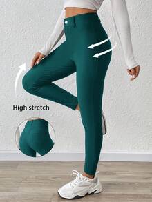 SHEIN Essnce Plus Size Women's Spring And Summer Fashion Casual Comfortable Basic Daily Versatile Slim High Elastic Tights,Women Bottom,Curve Pants,Work Pants,Office For Women,Airport For Women,Minimalist Style,Teacher,Stretch Comfort Pants - Dark Green - View 2