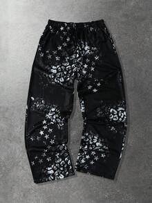 ROMWE MEN Pantalones de chándal holgados con estampado de leopardo y estrellas para hombre - Negro - Ver 1