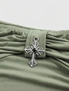 ROMWE J-Fashion 大码纯色褶皱露肩荷叶边下摆优雅T恤 - 軍綠色 - 查看 3